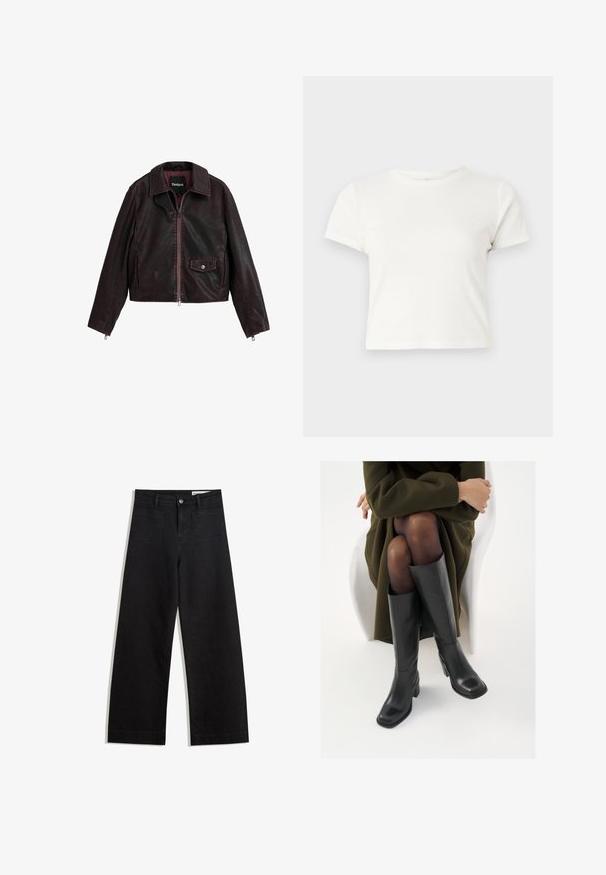 Čierna a bordová skrátená kožená bunda s golierom, predným zipsom a náprsné vrecko s detailom na cvok.; Krátke biele tričko vyrobené z bavlny s krátkymi rukávmi, okrúhlym výstrihom a rovnými okrajmi, s hladkou textúrou a minimálnym dizajnom.; Čierne denimové nohavice s širokými nohavicami a vysokým pásom, so prednými a zadnými vreckami, šitými švami a zapínaním na gombík. Hladká textúra.; Čierne kožené čižmy po kolená so štvrtým prstom a blokovým opätkom, zobrazené s modelom sediacim v olivovo zelenej bunde. Hladká textúra, minimálne detaily.