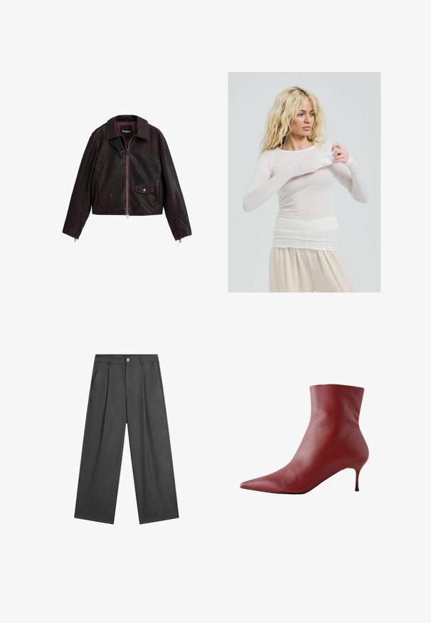 Zwarte en bordeauxkleurige cropped leren jas met een kraag, een voormezip en een borstzak met een drukknoopdetail.; Langermige, doorschijnende witte top met een getailleerde stijl. Lichte stof met een zachte textuur. Model past de mouw aan en draagt een crèmekleurige broek.; Donkergrijze, ruime broek met subtiele streepjes, plooien aan de voorkant en een enkele knoopsluiting bij de taille.; Rode leren enkellaars met een puntige neus, strakke bovenkant en een slanke hak. Glad textuur, stijlvolle ontwerp en een hoogcontrast zwarte zool.