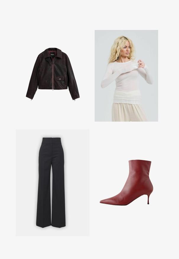 Giacca di pelle nera e bordeaux cropped con colletto, zip anteriore e tasca sul petto con dettaglio a bottone automatico.; Top bianco lungo e trasparente con uno stile aderente. Tessuto leggero con una trama liscia. La modella aggiusta la manica, indossando pantaloni crema.; Pantaloni a gamba larga in tessuto nero con vita alta, caratterizzati da una finitura pulita e una texture liscia. Nessun hardware visibile o motivi.; Stivaletto in pelle rossa con punta affusolata, parte superiore attillata e tacco sottile. Tessuto liscio, design elegante e suola nera ad alto contrasto.