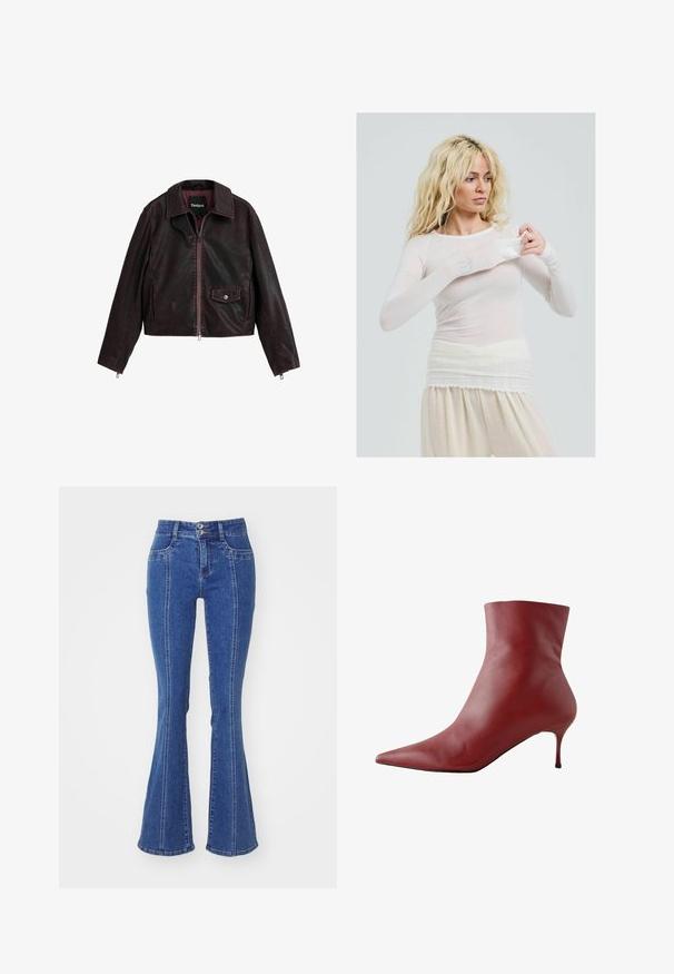 Giacca di pelle nera e bordeaux cropped con colletto, zip anteriore e tasca sul petto con dettaglio a bottone automatico.; Top bianco lungo e trasparente con uno stile aderente. Tessuto leggero con una trama liscia. La modella aggiusta la manica, indossando pantaloni crema.; Jeans in denim a vita alta e svasati, blu chiaro, con chiusura a due bottoni, design a cinque tasche e cuciture laterali a contrasto.; Stivaletto in pelle rossa con punta affusolata, parte superiore attillata e tacco sottile. Tessuto liscio, design elegante e suola nera ad alto contrasto.