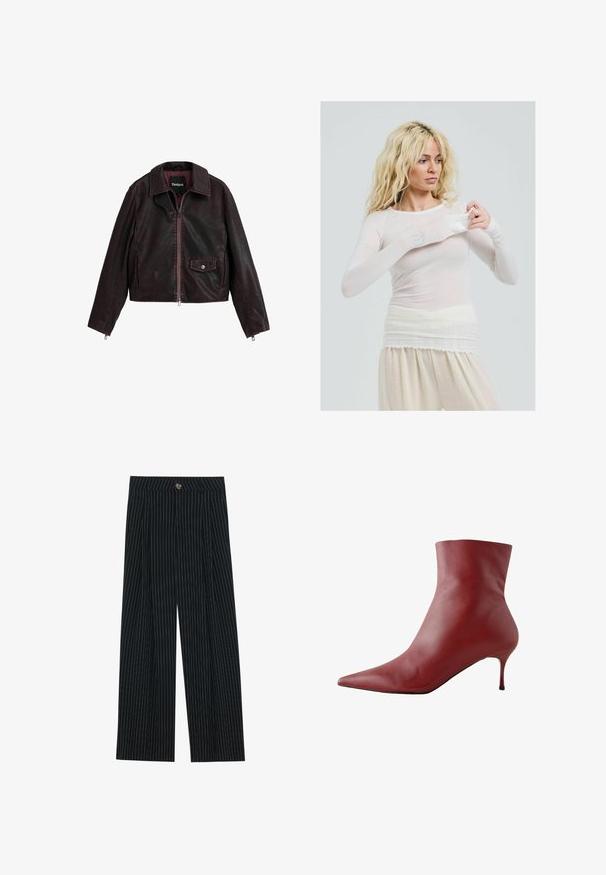 Giacca di pelle nera e bordeaux cropped con colletto, zip anteriore e tasca sul petto con dettaglio a bottone automatico.; Top bianco lungo e trasparente con uno stile aderente. Tessuto leggero con una trama liscia. La modella aggiusta la manica, indossando pantaloni crema.; Pantaloni larghi a righe nere realizzati in tessuto strutturato, con chiusura frontale a bottone e design plissettato per un tocco di originalità.; Stivaletto in pelle rossa con punta affusolata, parte superiore attillata e tacco sottile. Tessuto liscio, design elegante e suola nera ad alto contrasto.
