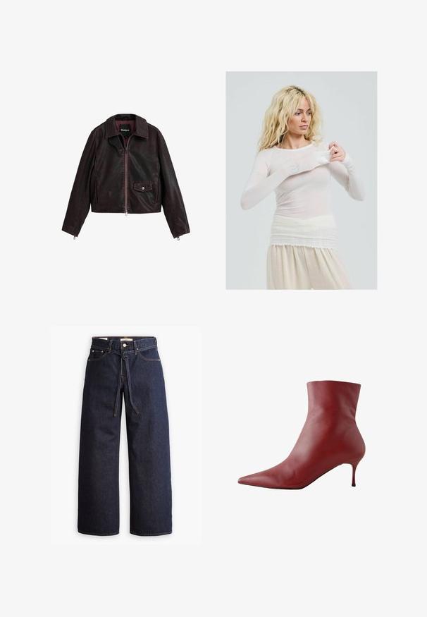 Veste en cuir noire et bordeaux, cropped, avec un col, une fermeture éclair à l'avant et une poche poitrine avec un détail de bouton-pression.; Haut blanc transparent à manches longues au style ajusté. Tissu léger au toucher doux. Le modèle ajuste la manche tout en portant un pantalon crème.; Jeans en denim bleu foncé à jambes larges, avec une taille haute, dotés d'un lien à cordon, de cinq poches et de détails de couture contrastants.; Botte cheville en cuir rouge avec un bout pointu, une tige ajustée et un talon fin. Texture lisse, design élégant et semelle noire à fort contraste.