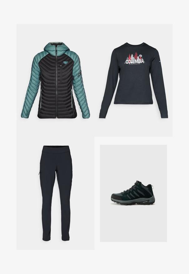 Dynafit RADICAL czarny; Długie rękawy, ciemnoszara koszula z grafiką czerwonych drzew i gór; logo "COLUMBIA" w wyraźnym białym tekście. Miękka tkanina, standardowy okrągły dekolt.; Czarne spodnie sportowe o dopasowanym kroju, z elastycznym pasem i boczną kieszenią na zamek. Gładki, elastyczny materiał z minimalną ilością szwów.; Columbia REDMOND czarny