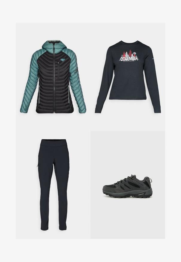 Dynafit RADICAL HOOD - Down jacket - atlantic; Long-sleeve dark gray shirt with a graphic of red trees and mountains; "COLUMBIA" logo in bold white text. Soft fabric, standard crew neck.; Black athletic pants with a slim fit, elastic waistband, and a side pocket featuring a zipper. Smooth, stretchy fabric with minimal seams.; Columbia REDMOND - Hiking shoes - black/citron haze