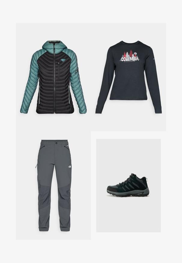 Dynafit RADICAL HOOD - Jachetă cu puf - atlantic; Cămașă cu mâneci lungi de culoare gri închis, cu un grafic de copaci roșii și munți; logo-ul "COLUMBIA" în text alb îngroșat. Material moale, guler standard de tip crew.; Pantaloni de exterior gri închis cu jerseuri întărite la genunchi, buzunare laterale și frontale cu fermoar, închidere cu nasture și logo-ul The North Face pe coapsă.; Columbia REDMOND - Pantofi drumeție - black/citron haze