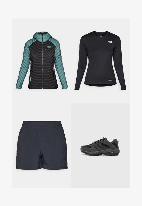 Dynafit RADICAL HOOD - Dūnu jaka - atlantic; The North Face SHADOW LONG SLEEVE - Tops ar garām piedurknēm - black; Tumši pelēki šorti, kas izgatavoti no viegla materiāla, ar elastīgu jostu, sānu kabatām ar rāvējslēdzējiem un taisnu griezumu.; Columbia REDMOND - Pārgājienu apavi - black/citron haze