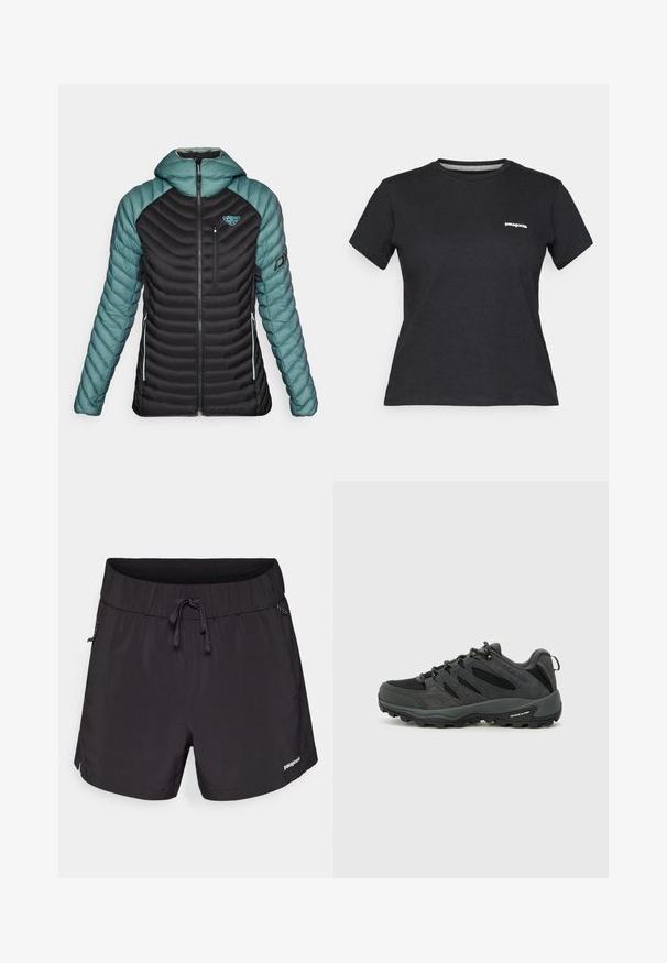 Dynafit RADICAL HOOD - Μπουφάν με πούπουλα - atlantic; Μαύρο βαμβακερό T-shirt με στρογγυλή λαιμόκοψη και κοντά μανίκια. Διαθέτει λευκό λογότυπο "Patagonia" στην αριστερή περιοχή του στήθους.; Μαύρα μαγιό από ελαφρύ ύφασμα, με ελαστική μέση, κορδόνι και πλευρικές τσέπες για λειτουργικότητα.; Columbia REDMOND - Παπούτσια πεζοπορίας - black/citron haze