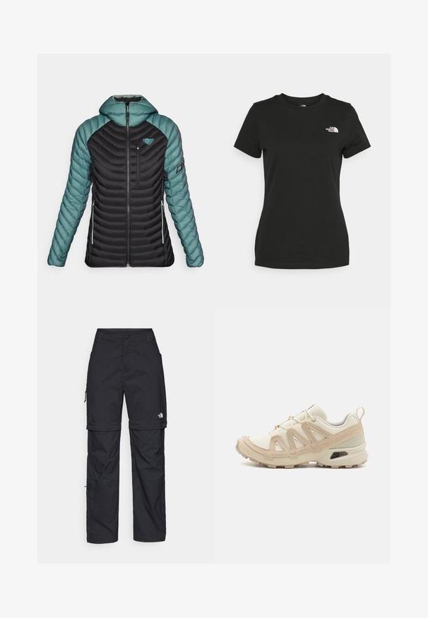 Dynafit RADICAL HOOD - Pūkinė striukė - atlantic; Juodas medvilninis marškinėliai su apvalia apykakle ir trumpomis rankovėmis. Išskirtinis baltas logotipas viršutinėje kairėje pusėje. Sklandus tekstūra, laisvas pritaikymas.; Juodos nailoninės krovinių kelnės su reguliuojamais rankovėmis, daugybe kišenių ir logo ant dešinės kojos. Lygi, lengva tekstūra.; Bežinės ir kreminės spalvos sportinės bateliai su tekstūruoto tinklelio viršutine dalimi, palaikančiomis detalėmis ir guminiais padais, turinčiais raštą, užtikrinantį sukibimą.