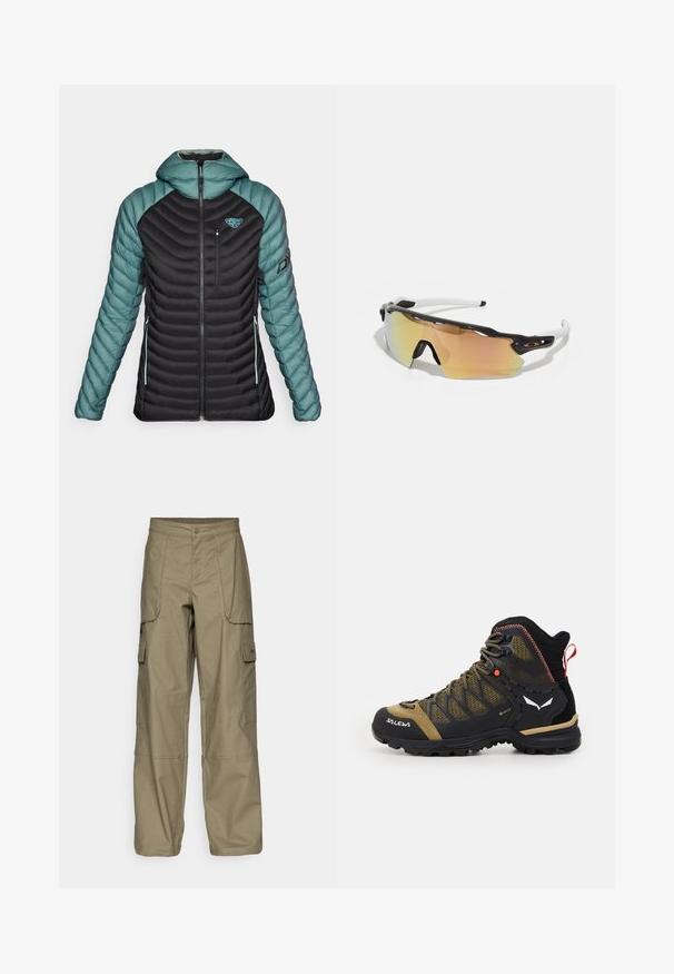 Dynafit RADICAL HOOD - Páperová bunda - atlantic; Čierne bavlnené tričko s okrúhlym výstrihom a krátkymi rukávmi. Výrazné biele logo na hornej ľavej strane. Hladká štruktúra, pohodlný strih.; Cargo nohavice v olivovozelenej látke, s voľným strihom, viacerými bočnými vreckami a zapínaním na gombík v páse. Hladká štruktúra.; Stredne vysoká turistická obuv v čiernej a olivovo zelenej farbe, s priehľadnou sieťovinou, gumovou podrážkou a textúrovanými akcentmi, vybavená zadným úchopovým pútkom.; Slnečné okuliare s čierno-bielym rámom, veľké zrkadlové šošovky v zlatých a ružových odtieňoch, aerodynamický dizajn a predĺžený vonkajší okraj.; Čierny batoh s guľatým vrchom, vyrobený z odolnej tkaniny. Má bočné sieťované vrecká a označenie pre dáždnik na spodnej strane.