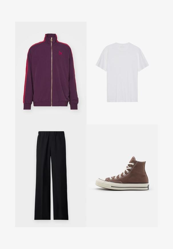Puma T7 PLAY.LOUD. TRACK - Tréning dzseki - midnight plum; Fehér pamut póló rövid ujjakkal, kerek nyakkivágással és sima textúrával. Minimalista logó található a nyakkivágáson.; sandro LARGE - Nadrágok - noir; Magas szárú barna vászon sportcipő fehér fűzőkkel, gumírozott orral és fekete csíkkal a talpon. Fehér varrással és klasszikus dizájnnal rendelkezik.