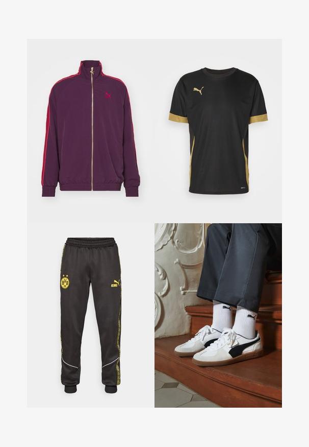 Puma T7 PLAY.LOUD. TRACK - Sportinė striukė - midnight plum; Juodas sportinis marškinėliai su auksiniais akcentais ant rankovių ir šonų. Turi apvalų kaklą, trumpas rankoves ir drėgmę praleidžiančią DRYCELL medžiagą.; Juoda sportinė kelnės su geltonais Borussia Dortmund BVB 09 ir Puma King logotipais, elastinga juosmens juosta ir raštuotomis geltonomis šoninėmis juostelėmis.; Puma sportbačiai baltoje ir juodoje zomšo spalvų derinys, su rudu guminio pado apdaila. Derinama su baltais kojiniais, kuriuose pavaizduota juoda logotipas, dėvimi su tamsiomis kelnėmis.