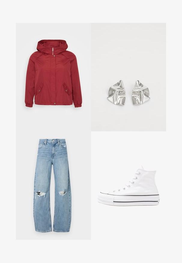 Červená větrovka s kapucí, zipovým uzávěrem, dvěma šikmými kapsami, elastickými manžetami a hladkým povrchem.; Černé oversized tričko s grafikou medvěda a textem „NENÍ CUTE, ALE DIVOKÝ“ v tučném bílém písmu. Bavlněný materiál.; Světle modré džíny s vysokým pasem vyrobené z denimu. Mají široké nohavice, dvě roztržené oblasti na kolenou a klasický pětikapsový střih.; Bílé vysoké plátěné tenisky s černou gumovou podrážkou, přední gumovou špičkou a šesti očky na tkaničky, se čistým, minimalistickým designem.; Stříbrné kovové náušnice s vlnitým, sochařským designem s leštěným povrchem a nepravidelnými tvary, které zdůrazňují moderní estetiku.