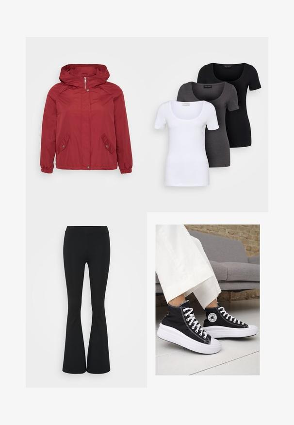 Red windbreaker jacket with a hood, zip closure, two angled pockets, elastic cuffs, and a smooth texture.; Three fitted T-shirts in white, gray, and black. Each features a wide scoop neckline and short sleeves. Made from smooth, stretchy fabric.; Black flared pants made of stretchy fabric, featuring a high waistband and a smooth texture. The pants flare out from the knee.; Black canvas high-top sneakers with white rubber soles and laces. Features a circular logo on the side and contrasting white stitching.