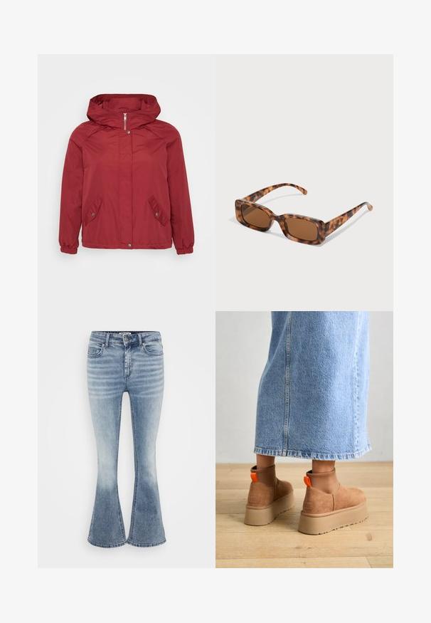 Jachetă de vânt roșie cu glugă, închidere cu fermoar, două buzunare înclinate, manșete elastice și o textură netedă.; Even&Odd Petite 3 PACK - Bluză cu mânecă lungă - black/white/light green; Jeans evaza de culoare albastru deschis, realizate din denim, având un design clasic cu cinci buzunare, închidere frontală cu fermoar și o ușoară decolorare pe coapse.; Botine maro din suede cu platformă, cu panouri elastice pe laterale și mânere portocalii, asortate cu o fustă din denim deschis până la genunchi, pe un podea din lemn.; Ochelari de soare cu rama țestoasă, cu lentile rectangulare maro, o ramă groasă și brațe subțiri, prezentând un model cu nuanțe variate de maro.