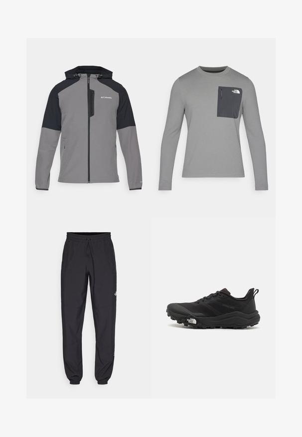 Columbia COLUMBIA TECH™ SOFTSHELL HOODIE - Soft shell jacket - city grey/black; Long-sleeve gray shirt with textured fabric, featuring a dark gray chest pocket and a zip closure. Logo on pocket in white.; Black athletic pants made from lightweight fabric, featuring a drawstring waistband, side pockets, and tapered cuffs at the ankles.; Black trail running shoe with a textured upper, rubber sole, and reinforced toe cap. Features a padded collar and pull tab for easy wear.