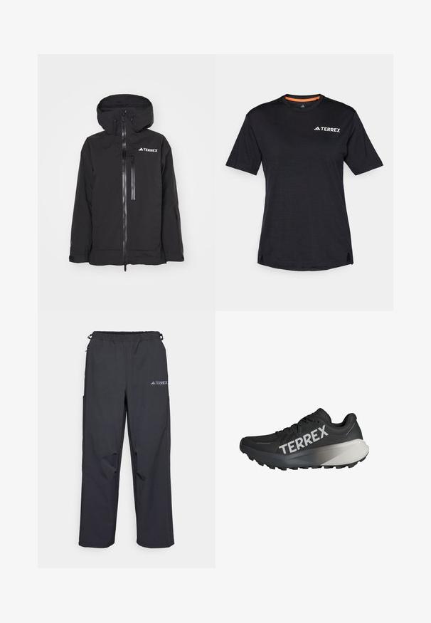 Black waterproof jacket with a hood, zippered front, and side pockets. Features a logo on the chest and textured fabric.; Black short-sleeve T-shirt with round neckline, featuring a subtle heather texture and white "TERREX" logo on the upper left side.; Black, lightweight outdoor pants with an elastic waistband, side pockets, and a logo on the upper right leg. Smooth, water-resistant fabric.; Black running shoe with a textured upper, prominent "TERREX" logo in white, tapered sole design, and a gradient gray accent on the heel.