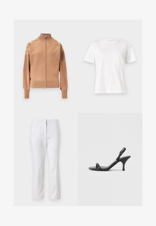 Beige zip-up sweater made of soft fabric, featuring ribbed cuffs and hem, and embroidered floral accents on the shoulders.; White cotton t-shirt with short sleeves, round neckline, and a relaxed fit. Smooth texture, no patterns or accents, minimalistic design.; White cotton pants with a straight leg design, featuring a mid-rise waist and no visible hardware or patterns. Smooth texture throughout.; Black leather high-heeled sandals with a slim, curved heel and a crossed strap design. Adjustable ankle strap. Smooth texture.