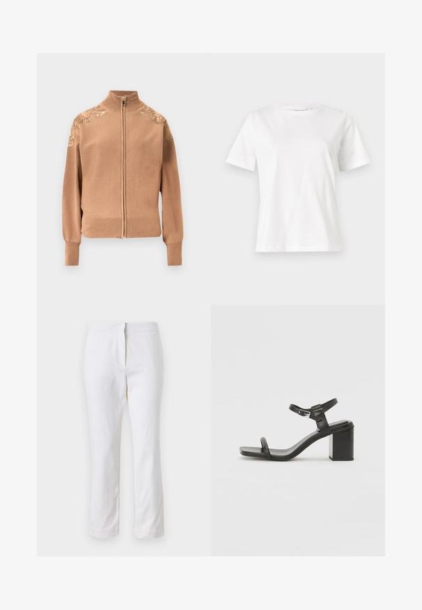 Béžový sveter na zips vyrobený z mäkkej látky, s rebrovanými manžetami a lemom, ozdobený vyšívanými kvetinovými motívmi na ramenách.; Biela bavlnená tričko s krátkymi rukávmi, okrúhlym výstrihom a voľným strihom. Hladká textúra, bez vzorov alebo akcentov, minimalistický dizajn.; Biele bavlnené nohavice so striedmym strihom, s pásom strednej výšky a bez viditeľných kovových prvkov alebo vzorov. Hladká textúra po celom obvode.; Čierne kožené sandále na blokovom podpätku s širokým pásom cez prsty a nastaviteľným pásom okolo členku, s elegantným, minimalistickým dizajnom.