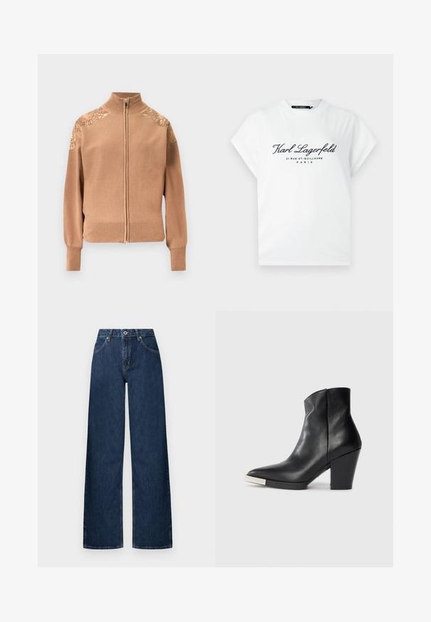 Beżowy sweter na zamek z miękkiego materiału, z ściągaczami przy mankietach i u dołu, ozdobiony haftowanymi kwiatowymi akcentami na ramionach.; Biała koszulka z krótkim rękawem z czarnym nadrukiem "Karl Lagerfeld 21 Rue St-Guillaume Paris" na przodzie, z okrągłym dekoltem.; Dżinsy o szerokich nogawkach wykonane z ciemnego denimu. Posiadają klasyczny fason z pięcioma kieszeniami, zapięcie na guziki oraz delikatne wyblaknięcia na kolanach.; Czarne skórzane botki za kostkę z zakończeniem w szpic, wysokim słupkowym obcasem i srebrnym detalem na czubku. Gładka faktura i prosty design.