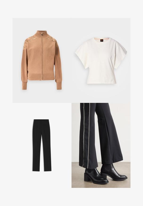 Suéter beige con cremallera, hecho de tela suave, con puños y dobladillo acanalados, y detalles bordados de flores en los hombros.; Camiseta blanca recortada, con mangas cortas y anchas, material de algodón suave, cuello redondo con un sutil ribete naranja, diseño minimalista, sin patrones ni gráficos.; Pantalones de traje negros con un diseño de pierna recta, que cuentan con bolsillos delanteros y una tela suave y texturizada. Detalles limpios y minimalistas.; Botines de cuero negro con tacón cuadrado, con paneles laterales elásticos. Combinados con pantalones negros que tienen una franja blanca lateral.