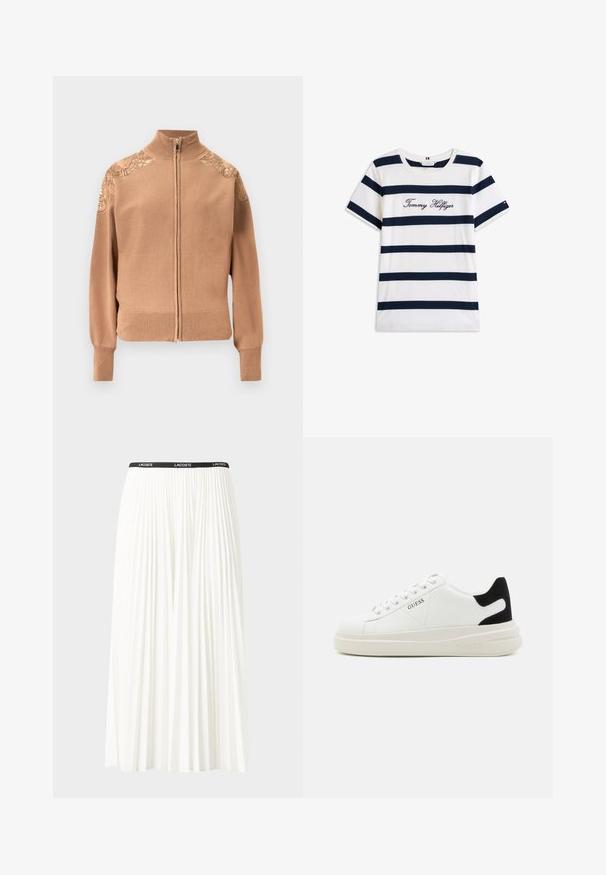 Beige lynlåstrøje lavet af blødt stof, med ribbede manchetter og kant samt broderede blomsterdetaljer på skuldrene.; T-shirt i bomuld med vandrette marineblå striber på en hvid baggrund. "Tommy Hilfiger" broderet i kursiv på brystet. Rund hals.; Plisseret hvid nederdel med en sort elastisk talje, der har "LACOSTE"-logoet. Mellemlang design med blød tekstur.; Hvide lædersneakers med en tyk hvid sål, sort ruskindhælvægt og prægede logoer på siden. Snørebåndsdesign med seks øjer.