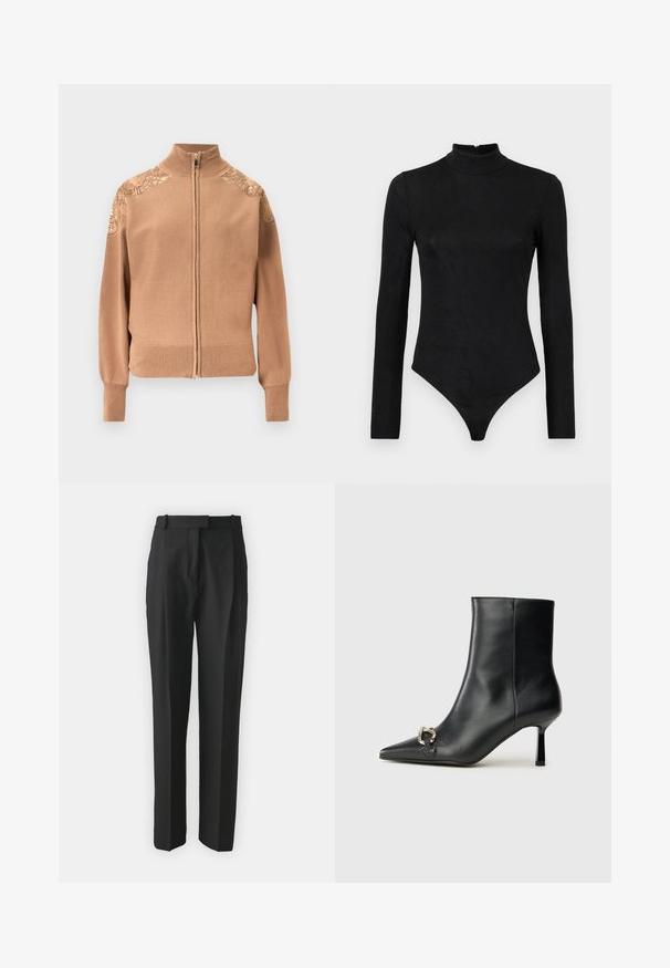 Beige zip-up sweater made of soft fabric, featuring ribbed cuffs and hem, and embroidered floral accents on the shoulders.; Black long-sleeve bodysuit with a high neck and subtle texture. Features a back zipper and a thong bottom design.; Black tailored trousers made from lightweight fabric, featuring a straight cut, flat front, and belt loops. Smooth texture with no visible patterns.; Black leather ankle boot with pointed toe, slim mid-height heel, and silver buckle detail on side against plain background.