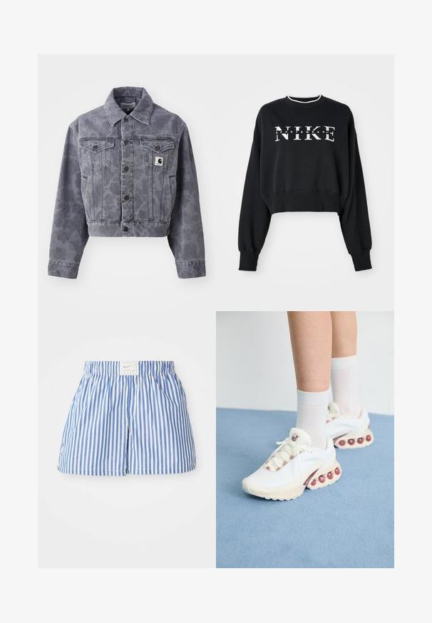 Lyhyt harmaa farkkutakki, jossa on hienovarainen kuvio, napitettava etuosa, terävä kaulus ja kaksi rintataskua, joissa on logopatch.; Lyhennetty musta collegepaita, joka on valmistettu puuvillasta ja jossa on valkoinen "NIKE" ja "SPORTSWEAR" -printti. Hihansuissa ja kauluksessa on resorit.; Siniset ja valkoiset raidalliset shortsit, joissa on joustava vyötärö ja Nike-logolla varustettu etiketti. Valmistettu kevyestä, sileästä kankaasta.; Valkoiset urheilukengät, joissa on verkkomaista pintaa, pinkki korostus nauhoissa ja suuret ilmapussit pohjassa.