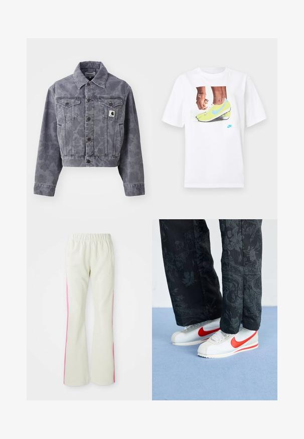 Zkrátená šedá džínsová bunda s jemným vzorom, gombíkovým zapínaním, špicatým golierom a dvoma náprsními vreckami s logom.; Biely bavlnený tričko s grafikou nôh v žltých kopačkách Nike s modrými akcentmi, doplnené náramkom na ľavej ruke.; Svetlo béžové nohavice s elastickým pásom, s ružovými bočnými panelmi a bočnými vreckami. Hladká textúra s rovnými nohavicami.; Biele tenisky Nike s červenými akcentmi, v kombinácii s čiernymi nohavicami s kvetinovým vzorom. Povrch je hladký s plochou pletenou podrážkou.