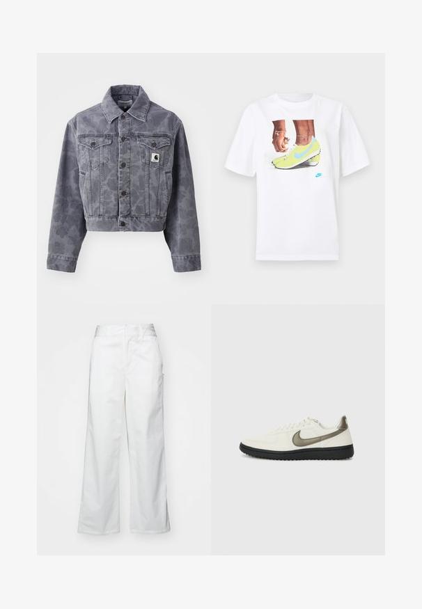 Jachetă din denim gri, tăiată, cu un model subtil, închidere cu nasturi, guler ascuțit și două buzunare pe piept cu un patch cu logo.; Tricou alb din bumbac, prezentând un grafic cu picioare încălțate în ghete Nike galbene cu accente albastre, asociat cu o brățară pe încheietura stângă.; Pantaloni largi albi din bumbac, cu o textură fină, croi drept, buzunare frontale și tiv curat.; Nike Sportswear FIELD GENERAL - Sneakers low - off-white/black