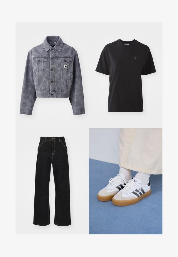 Skrócona szara kurtka dżinsowa z delikatnym wzorem, z zapinanym przodem, wywiniętym kołnierzem i dwoma kieszeniami na piersi z naszywką z logo.; Czarny bawełniany t-shirt z okrągłym dekoltem, krótkimi rękawami i małym serduszkowym logo w górnym lewym rogu. Gładka tekstura, luźny krój.; Czarne dżinsy o szerokich nogawkach, wykonane z denimu, z kontrastowym białym szwem i zapięciem na guzik z przodu, posiadające dwie ukośne kieszenie z przodu.; Białe sneakersy z czarnymi paskami i beżowymi zamszowymi akcentami. Posiadają teksturowaną gumową podeszwę i płaskie białe sznurowadła, noszone z jasnymi skarpetami.