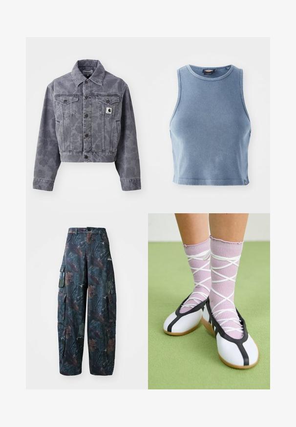 Gekürzte graue Jeansjacke mit subtiler Musterung, knöpfbarem Vorderteil, spitzem Kragen und zwei Brusttaschen mit einem Logopatch.; Helles blaues, geripptes Crop-Top mit Rundhalsausschnitt und ärmellosem Design. Glatte Textur und ein kleines Logodetail am Saum.; Tarnfarben Cargo-Hosen in Dunkelgrün und Braun, mit mehreren Taschen und lockerer Passform, aus leichtem, strapazierfähigem Stoff.; Weiße flache Schuhe mit schwarzem Besatz und Sohle, kombiniert mit helllilanen, gerippten Socken mit weißen Überkreuz-Riemen. Auf einem grünen Hintergrund.