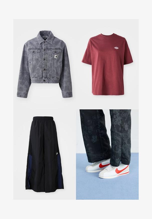 Zkrátená šedá džínsová bunda s jemným vzorom, gombíkovým zapínaním, špicatým golierom a dvoma náprsními vreckami s logom.; Bordový bavlnený tričko s okrúhlym výstrihom, krátkymi rukávmi a malým bielym logom na ľavej strane hrudníka. Hladká textúra, uvoľnený strih.; Čierne voľné nohavice vyrobené z ľahkého materiálu, s námorníckym modrým postranným panelom a elastickým pásom. Malé biele logo na spodnej časti.; Biele tenisky Nike s červenými akcentmi, v kombinácii s čiernymi nohavicami s kvetinovým vzorom. Povrch je hladký s plochou pletenou podrážkou.