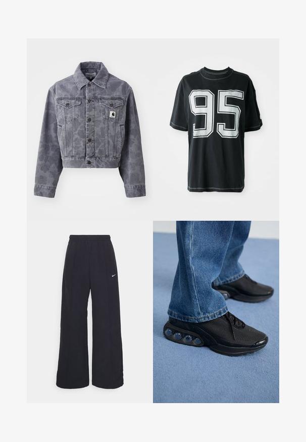 Rövidített szürke farmerdzseki, finom mintázattal, gombos elülső résszel, hegyes gallérral és két mellzsebbel, amelyeken logós címke található.; Fekete pamut póló rövid ujjakkal, amelyen elöl a „95” szám fehér nyomattal látható, és a szélek mentén kontrasztos varrás található.; Fekete, bő szárú nadrág rugalmas derékpánttal és egy kis fehér Nike logóval. Anyaga sima tapintású, kényelmes és mindennapi viseletre lett tervezve.; Fekete sportcipők hálós felsőrésszel, textúrázott részletekkel és a talpban látható lég párnázó zsebekkel. Kék farmernadrággal viselve.