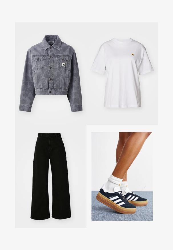 Lyhyt harmaa farkkutakki, jossa on hienovarainen kuvio, napitettava etuosa, terävä kaulus ja kaksi rintataskua, joissa on logopatch.; Valkoinen puuvillapaita rentoa istuvuutta, lyhyet hihat ja pieni kirjailtu logo vasemmassa rinta-alueessa.; Mustat leveälahkeiset cargo-housut, jotka on valmistettu denimistä ja joissa on korkea vyötärö, etunapitus ja sivutaskut. Silkkinen pinta, jossa on minimaalinen ompelu.; Musta mokkanahkainen tennari, jossa valkoiset raidat ja yksityiskohdat, pyöreä kärki, purukumipohja, yhdistetty valkoisiin ribbineuleisiin nilkkasukkiin.