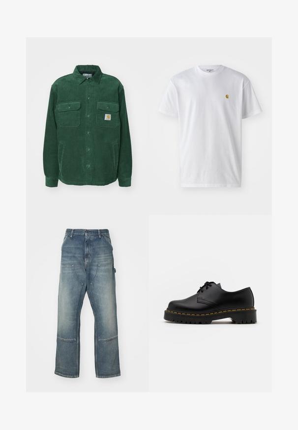 Carhartt WIP WHITSOME - Jachetă subțire - sycamore tree; Tricou alb din bumbac, cu mâneci scurte, gât echipat, având un mic logo auriu în zona stânga a pieptului. Textură moale și croială normală.; Jeans de culoare albastru deschis, cu o croială confortabilă, realizate din denim. Prezintă picioare largi, buzunare mari în față și detalii cu cusături în contrast.; Pantof black din piele, cu sireturi, cu vârf rotund, talpă din cauciuc texturat și cusături galbene în jurul bazei. Design plat și finisaj neted.