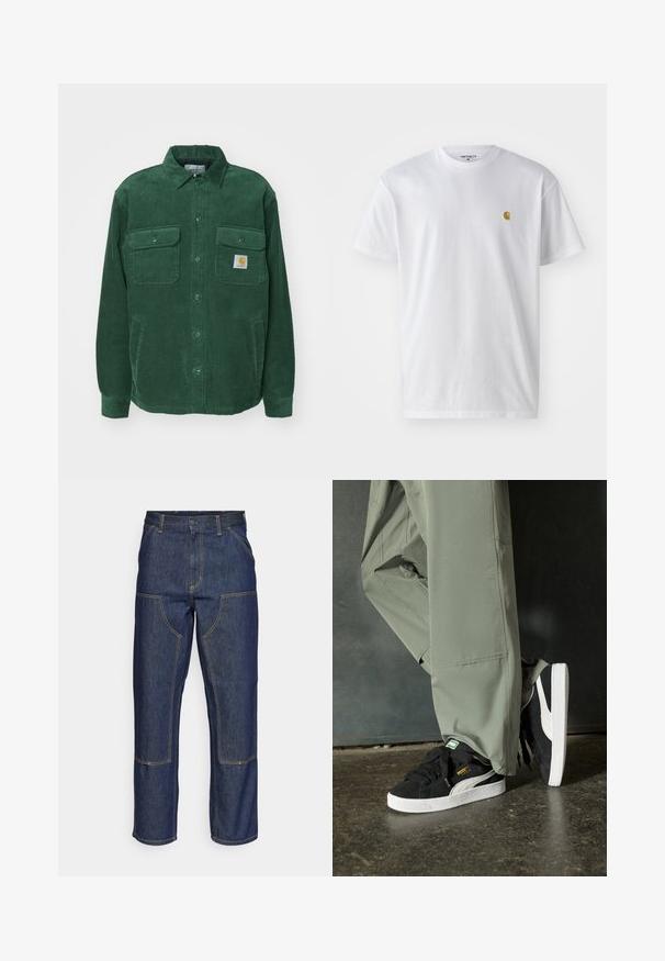 Carhartt WIP WHITSOME - Overgangsjakke - sycamore tree; Hvid bomulds t-shirt med korte ærmer, rund hals og et lille guld logo på venstre brystområde. Blød tekstur og almindelig pasform.; Mørkeblå denim jeans med høj talje, lige ben-design, kontrastsyninger og lappelommer foran.; Sorte ruskinds sneakers med hvide gummisåler og sidestreger, parret med lysegrønne cargo bukser, stående på en struktureret mørk overflade.
