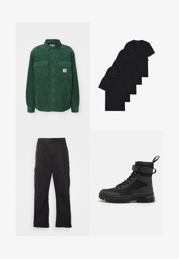 Carhartt WIP WHITSOME - Lengva striukė - sycamore tree; Penki juodi apvalaus kaklo marškiniai. Trumpomis rankovėmis, pagaminti iš medvilnės, standartinio kirpimo. Lygus paviršius be matomų raštų ar puošmenų.; Juodi cargo džinsai su tiesiomis kojomis, su dviem šoninėmis kišenėmis, mygtuko uždarymu ir tekstūruotu audiniu.; Juodas kulkšninis botas su tekstūruotu nailono viršumi, raištelių dizainu ir reguliuojama juosta, turintis tvirtą guminį padą, kad pagerintų sukibimą.