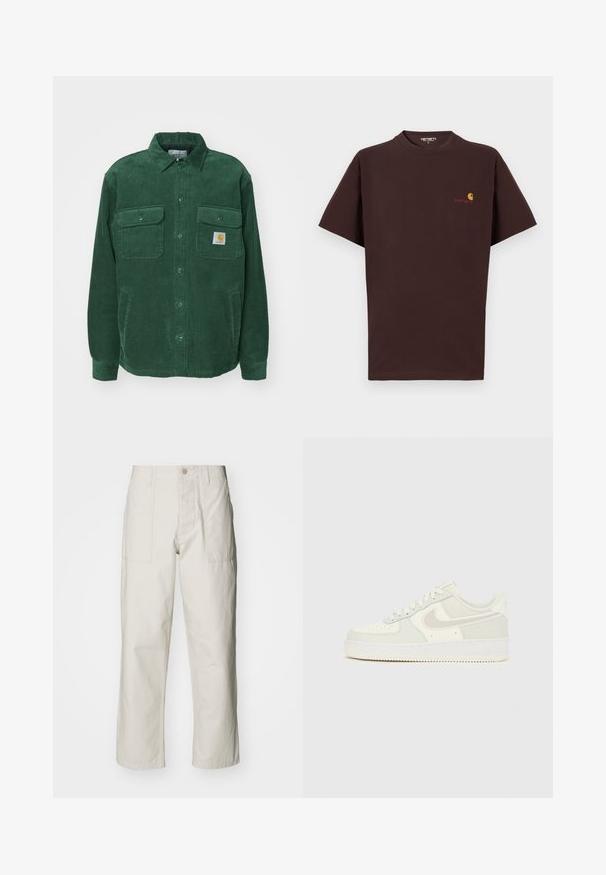 Carhartt WIP WHITSOME - Veste mi-saison - sycamore tree; T-shirt en coton marron à manches courtes, col rond, logo sur la poitrine gauche en orange et rouge, ourlet droit et coupe décontractée.; Pantalons larges beige clair en coton. Dotés de poches avant et d'une fermeture à bouton. Texture lisse avec de légères lignes verticales.; Baskets Nike Air Force 1 blanches avec une tige en cuir lisse, des accents gris clair, des perforations sur l'avant-pied et une semelle en caoutchouc texturée.