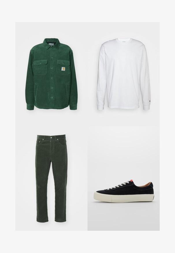 Carhartt WIP WHITSOME - Kerge jope - sycamore tree; Valge pika varrukaga T-särk, mis on valmistatud puuvillast. Ümmargune kaelus, ribaga mansetid ja väike logo vasakul varrukal. Sile tekstuur.; Roheline vaskingpüksid sirge säärega disainiga, viie taskuga, metallist nööp sulgemisega ja tekstuuriga ribaline pind.; Must mustrasneaker mustmustraday valgetus valge nööritega, beež kummist tallaga ja punase aktsendiga kandade juures. Ümar nina ja minimaalne õmblusdetail.