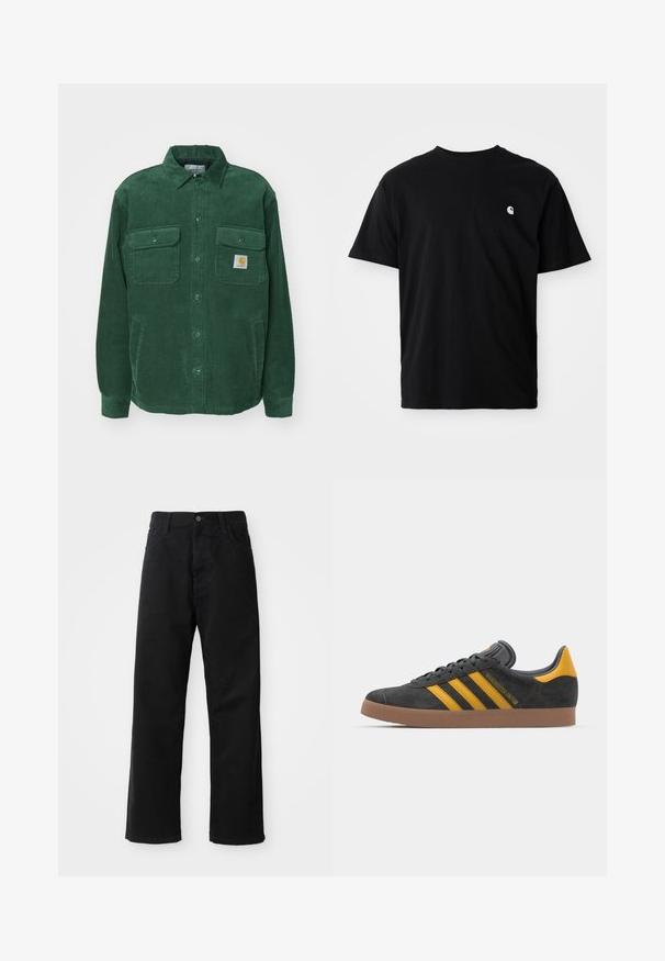 Carhartt WIP WHITSOME - Lahka jakna - sycamore tree; Črna bombažna majica s kratkimi rokavi in okroglim izrezom, s majhnim belim logotipom na levi prsi. Vidni stranski šivi. Mehka tekstura.; Črni kavbojki z ravnim krojem, ki imajo sprednje žepke, zadrgo in en zgornji gumb. Teksturovan material z mat zaključkom.; Črne semiš tene z rumenimi akcenti, ki vsebujejo tri trakove in rjavo gumo podplat. Vključujejo oblazinjeno jezik za udobje.