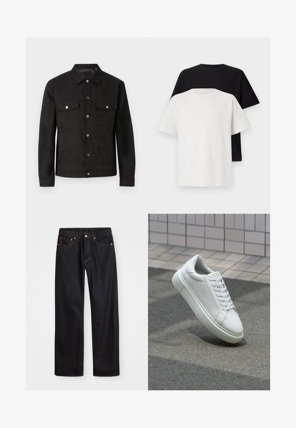 Juodas zomšinės striukės su sagų uždarymu priekyje, dviem krūtinės kišenėmis ir metalinėmis spaudėmis. Sukurta su klasikiniu apykakle ir lygia tekstūra.; Medvilniniai marškiniai, kuriuos sudaro juodas ir baltas marškinėliai, abu su trumpomis rankovėmis, apvaliu iškirpimu ir standartiniu sijonu. Tekstūruota medžiaga.; Vyrų tiesaus kirpimo juodi džinsai iš denim medžiagos, su penkiomis kišenėmis ir oranžinėmis siūlėmis, su mygtuko ir užtrauktuko uždarymu ant priekio.; Balti odiniai sportbačiai su lygiu paviršiumi, apvalia nosimi ir plokščiomis baltomis raištelėmis. Yra tekstūruotas gumos padas ir minimalizmas dizaino elementuose.