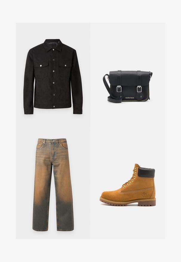 Juodas zomšinės striukės su sagų uždarymu priekyje, dviem krūtinės kišenėmis ir metalinėmis spaudėmis. Sukurta su klasikiniu apykakle ir lygia tekstūra.; Ilgomis rankovėmis juoda marškinėliai, pagaminti iš minkštos medžiagos; turi apvalią kaklą, laisvą siluetą ir silpnągradientinį efektą nuo šviesios iki tamsios.; Plati kojinės džinsai su nusidėvėjusia mėlyna ir ruda džinsinio audinio spalva. Yra aukštas liemuo, priekinės kišenės ir klasikinis sagų uždarymas su metaliniais akcentais.; Tan spalvą turintys suknelės batus iki kulkšnies su juodu paminkštintu apvadu, auksiniais metaliniais akių užsegimais, baltais siūlų dekoratyviniais elementais ir tvirtu guminiu padu su ryškiai išreikštais raštais.; Juodas odinis krepšys per petį su uždengimu, dviem sidabriniais sagtimis, geltonomis siūlėmis ir reguliuojamu dirželiu. Pasižymi lygiu paviršiumi ir kompaktišku dizainu.