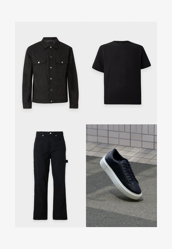 Svart semsket skinnjakke med knapping foran, to brystlommer og metallsnapper. Har klassisk krage og glatt tekstur.; Svart T-skjorte med korte ermer laget av teksturert stoff, med rund halslinning og en avslappet passform. Enkel, uten mønstre eller detaljer.; Svart denimbukser med rett benklipp, frontlommer og baklommer med lapper. Har sølvfarget metallbeslag og side løkkedetalj for funksjonalitet.; Sorte skinnsneakers med rund tå og hvit gummisåle. Har flate lisser og minimal søm på overdelen. Strukturert såle for grep.