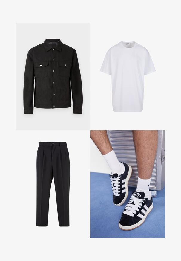 Zwarte suede jas met een knoopsluiting aan de voorkant, twee borstzakken en metalen drukknoopjes. Beschikt over een klassieke kraag en een gladde textuur.; Witte katoenen t-shirt met korte mouwen, ronde hals, relaxte pasvorm en zonder zichtbare logo's of patronen. Gladde textuur en minimalistisch ontwerp.; Zwarte broek met een geplooid design aan de voorkant, gemaakt van soepel stof. Voorzien van een knoopsluiting en riemlussen; rechte pasvorm.; Zwarte suède sneakers met witte veters en drie witte strepen. Heeft een cirkelvormig zwart logo op de tong en een gumrubberen zool.