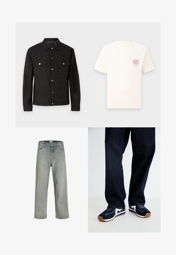 Jaqueta de camurça preta com fecho de botões, dois bolsos no peito e botões de pressão metálicos. Apresenta um colarinho clássico e uma textura suave.; T-shirt branca de mangas curtas com o texto vermelho "Edição Originais do Estúdio" no lado esquerdo do peito, apresentada sobre um fundo cinza neutro.; Jeans soltos de cor cinza claro feitos de denim. Apresentam um design clássico de cinco bolsos, passadores para cinto e uma silhueta de perna reta.; Tênis atléticos em azul marinho e branco com um upper texturizado, cadarços e sola de borracha, combinados com calças de ganga escuras com costuras laranja.