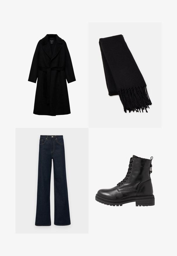Sort uldblandingsfrakke med notched krave, lange ærmer og et matchende bælte i taljen. Har et minimalistisk design og en glat tekstur.; Sort turtleneck sweater lavet af blød strikket stof. Har lange ærmer og et tætsiddende design med en lige kant.; Mørkeblå bredbenede denimjeans med forlommer, bæltestropper og knaplukning.; Sort læder ankelstøvle med rund tå, snørebånd foran og struktureret gummisål. Har en hanke bagpå og forstærket syning.; Sort tørklæde lavet af et blødt, tekstureret stof. Har frynsede kanter og en rektangulær form, der er velegnet til at drape omkring halsen.