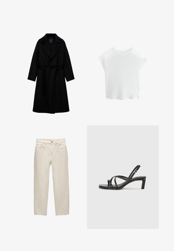 Črn plašč iz volnene mešanice z izrezanim ovratnikom, dolgimi rokavi in usklajenim pasom v predelu pasu. Ima minimalističen dizajn in gladko teksturo.; Bela, teksturirana majica s kratkimi rokavi in okroglo ovratnikom, s raglan rokavi, ki ima subtilen valovit vzorec in lahkotno material.; Beli traper hlače z sproščenim krojem, ravnimi nogami, petimi žepi in kovinskimi detajli z subtilno teksturo.; Črne natikače s trakovi in kvadratnim prstom ter nizkim blokastim peto. Imajo več tankih trakov in nastavljiv trak okoli gležnja. Narejene so iz gladkega usnja.