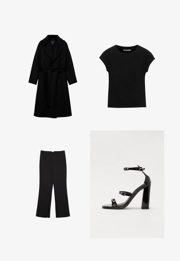 Sort uldblandingsfrakke med notched krave, lange ærmer og et matchende bælte i taljen. Har et minimalistisk design og en glat tekstur.; Sort T-shirt med korte ærmer og rund halsudskæring. Fremstillet af glat, elastisk bomuldsstof. Simpelt design uden mønstre eller grafik.; Sorte bukser med lige pasform, der har frontlommer og slidser i kanten. Lavet af blødt, glat stof. Velegnet til forskellige anledninger.; Sorte patenterede hælsandaler med firkantet tå, ankelremme og sølvspænder. Har en chunky blokHæl for stabilitet.