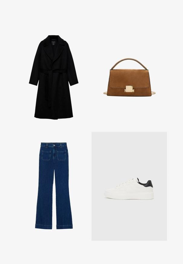 Cappotto in misto lana nero con colletto a bavero, maniche lunghe e una cintura coordinata in vita. Presenta un design minimalista e una texture liscia.; T-shirt bianco realizzato in un tessuto morbido e leggero. Presenta un collo rotondo e maniche corte e larghe con vestibilità morbida. Nessun motivo visibile.; Jeans a zampa d'elefante in denim di colore blu scuro, con una consistenza liscia, design a cinque tasche e chiusura a bottone in vita.; Sneaker in pelle bianca con motivo stampato, suola intermedia bianca testurizzata e accentuazione nera sul tallone. Presenta punta arrotondata e lacci piatti.; Borsa in suede marrone con una chiusura quadrata dorata, manico superiore e tracolla a catena. Presenta una forma rettangolare e angoli arrotondati.