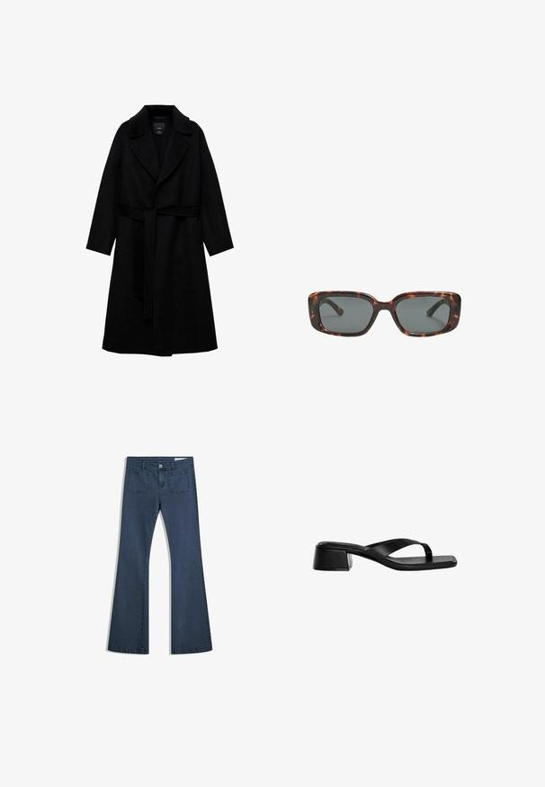 Černý kabát z vlněné směsi s klopovým límcem, dlouhými rukávy a odpovídajícím pásem v pasu. Má minimalistický design a hladký povrch.; Dvě trička s krátkým rukávem, jedno bílé a jedno černé, vyrobené z bavlny. Obě mají kulatý výstřih a jednoduchý, klasický design.; Tmavě modré rozšířené džíny z denimu s prošitými kapsami, zapínáním na knoflík a hladkým povrchem. Obsahují klasický design s pěti kapsami.; Černé kožené sandály na podpatku mají design s thong páskem, čtveratou špičku a nízký blokový podpatek. Hladká textura s minimalistickým stylem.; Sluneční brýle ve stylu želvoviny s obdélníkovými čočkami, silnými rámy a tmavými zbarvenými čočkami. Hladký povrch a minimalistický design.